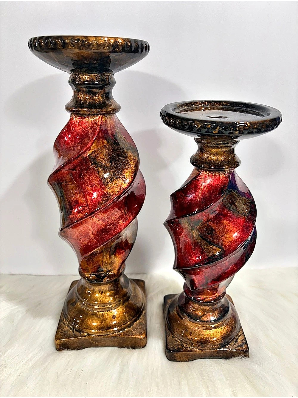 Pair Abstract Red & Brown Candle Holders
